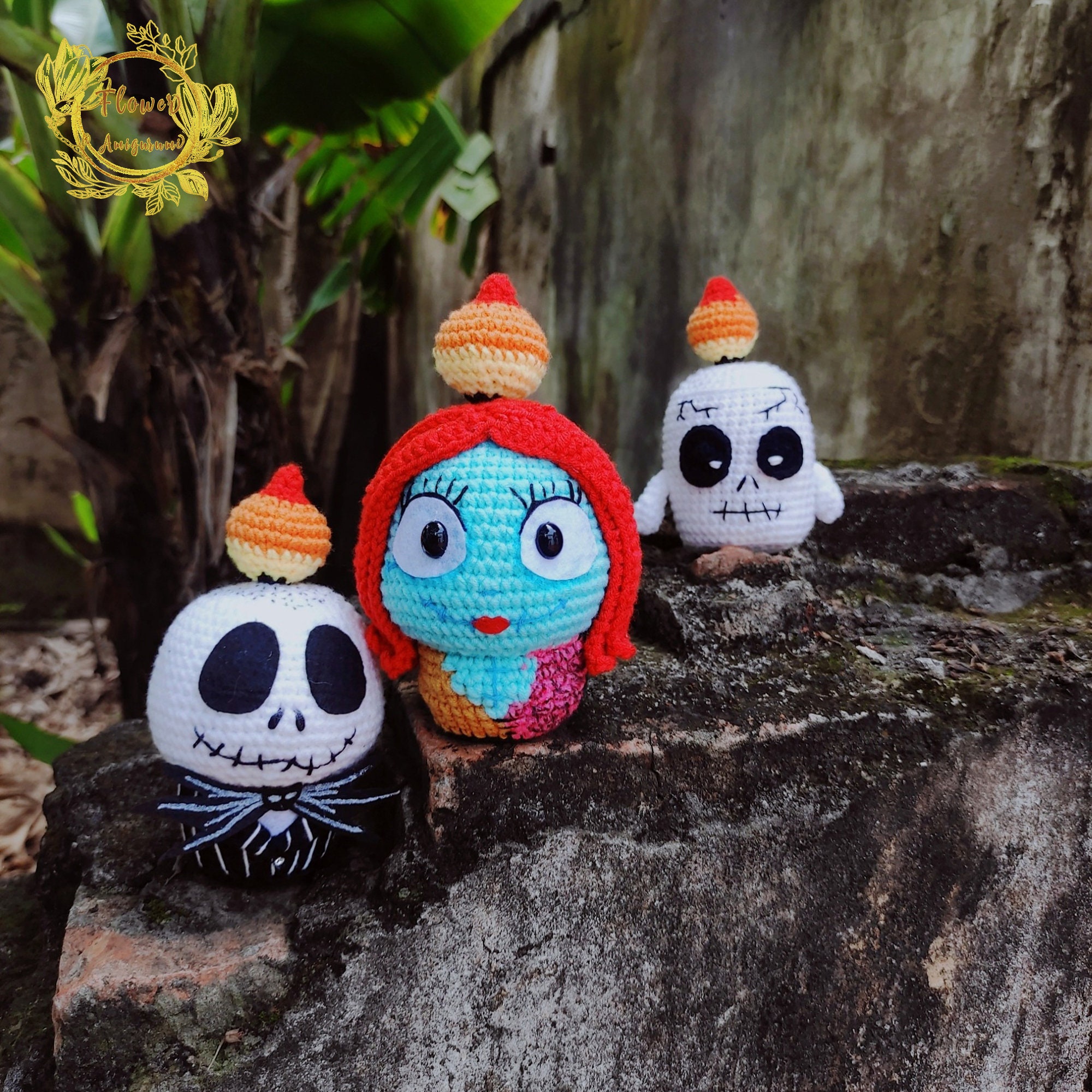 Fanmade Jack Skellington and Sally,Frankenstein Amigurumi Halloween Candle Crochet Doll, Halloween Candle Amigurumi Doll