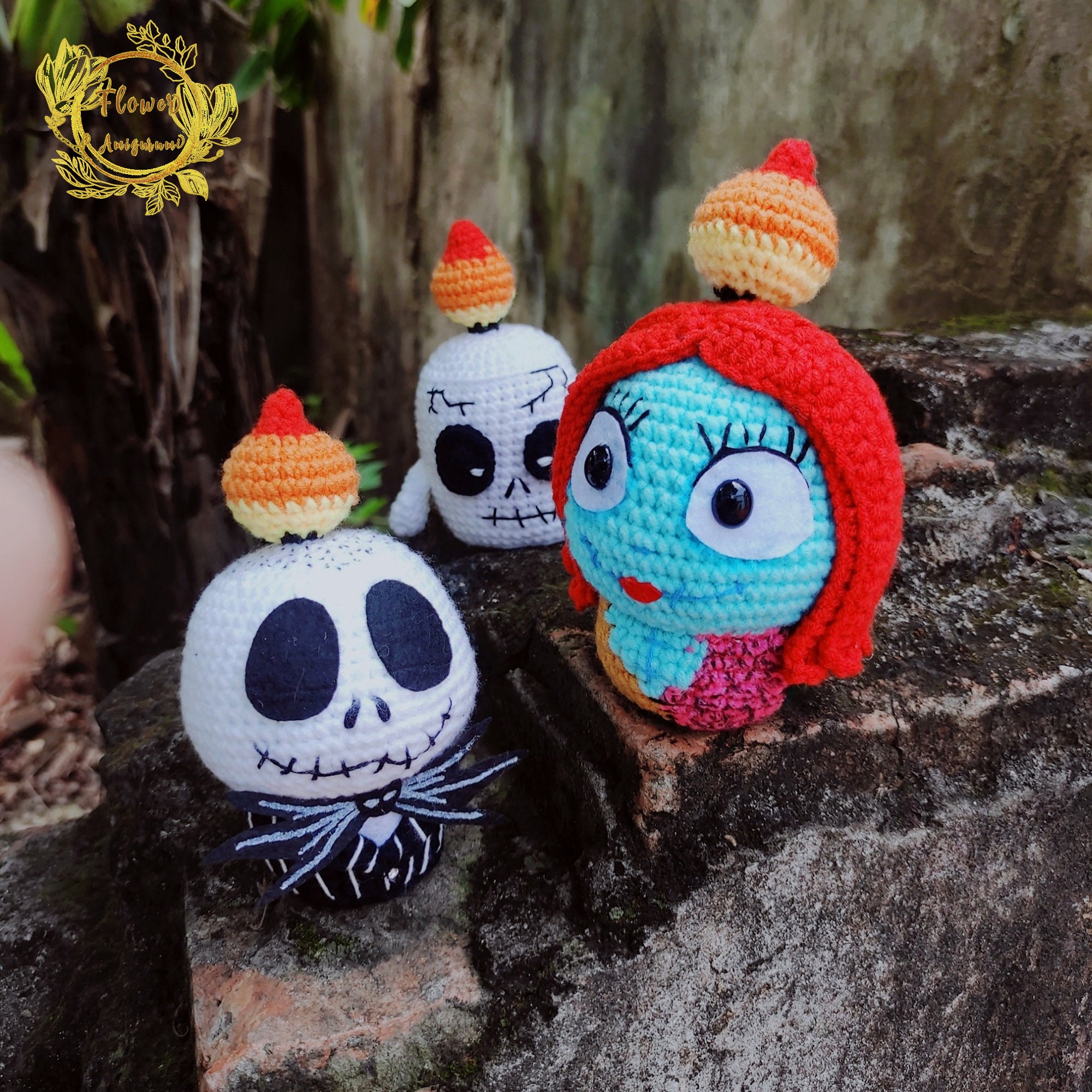 Fanmade Jack Skellington and Sally,Frankenstein Amigurumi Halloween Candle Crochet Doll, Halloween Candle Amigurumi Doll